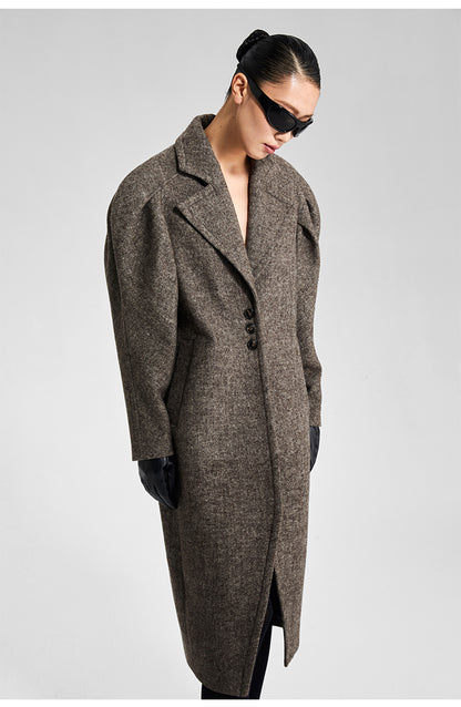 LEDIM W Premium Tweed Trench Coat Fall/Winter Bud  Long Wool Coat - Aihu