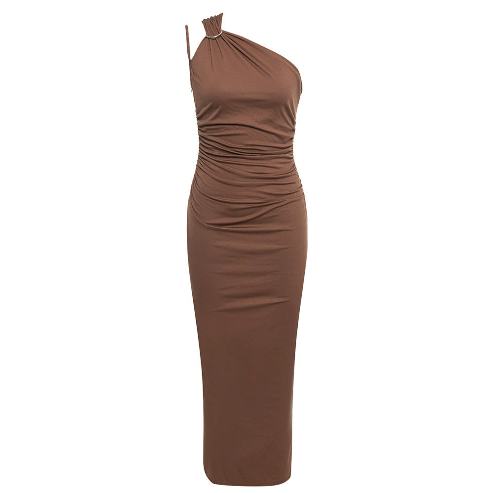 DOLLY High End Caramel Coffee Slant Collar Sleeveless High Waist Long Dinner Dress-CALYPSO  (V)