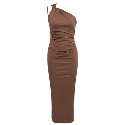 DOLLY High End Caramel Coffee Slant Collar Sleeveless High Waist Long Dinner Dress-CALYPSO  (V)