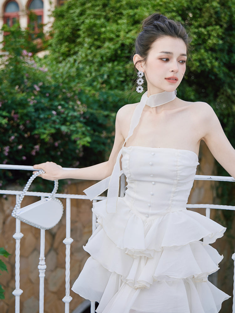 DOLLY Elegant Cream Colored Tube Top Fluffy Ruffle Birthday Dress-ANDORA (V)