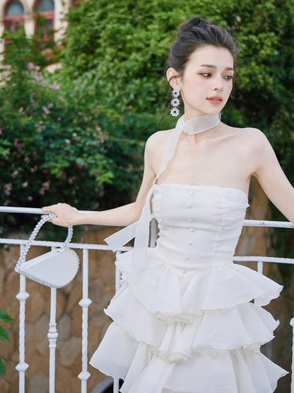 DOLLY Elegant Cream Colored Tube Top Fluffy Ruffle Birthday Dress-ANDORA (V)