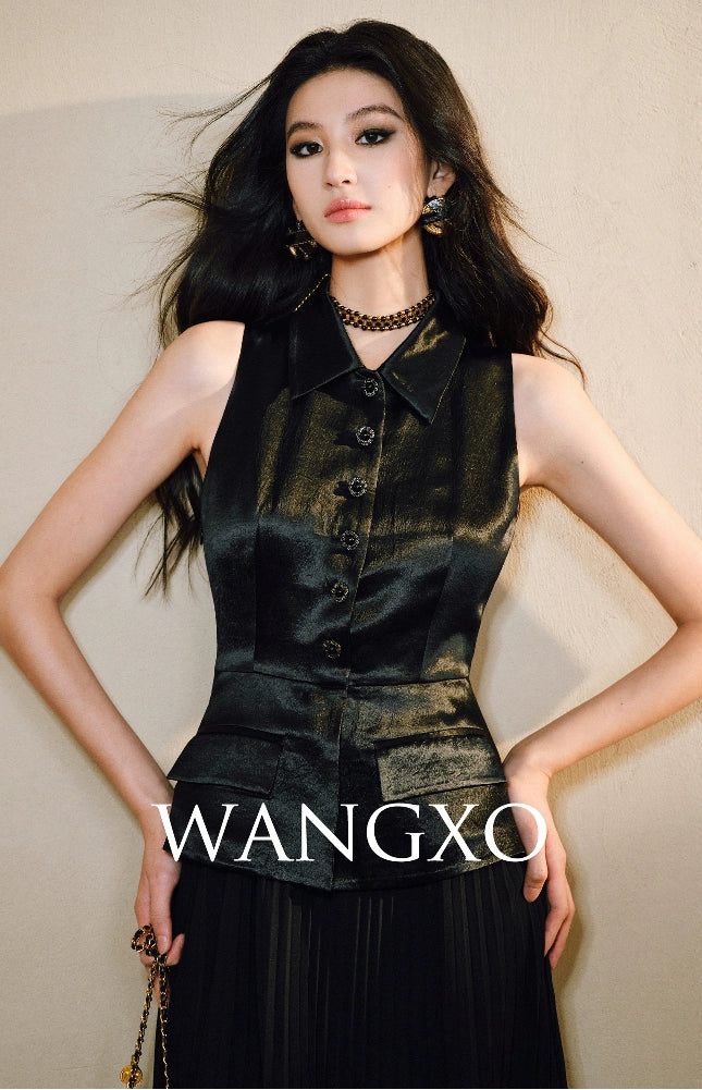 WANGXO | Faux Two-Piece Vest Suit & Romantic Pleated Gauze Skirt -THIA.