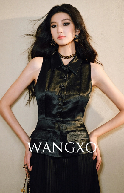 WANGXO | Faux Two-Piece Vest Suit & Romantic Pleated Gauze Skirt -THIA.