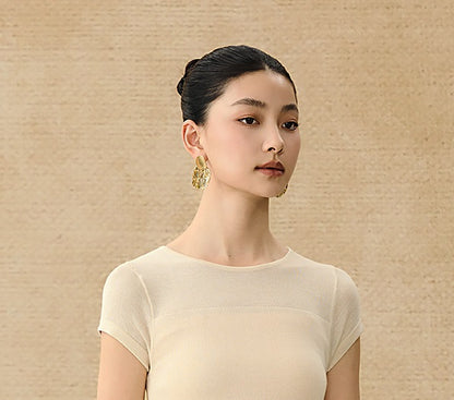 HECO Chinese style slightly transparent round neck knitted short sleeve T-shirt -BING.