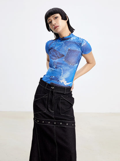 TINY IN denim print sun protection mesh long short sleeve t-shirt -IHU