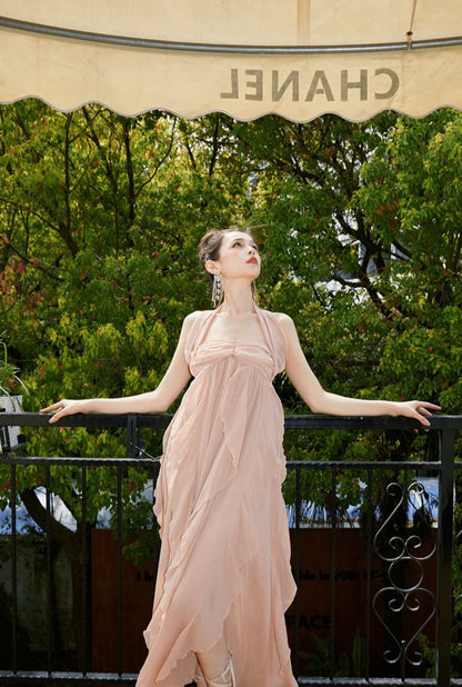 DOLLY Luxury Peach French Style Halter Neck Sleeveless Chiffon Flowing Dress-EVE