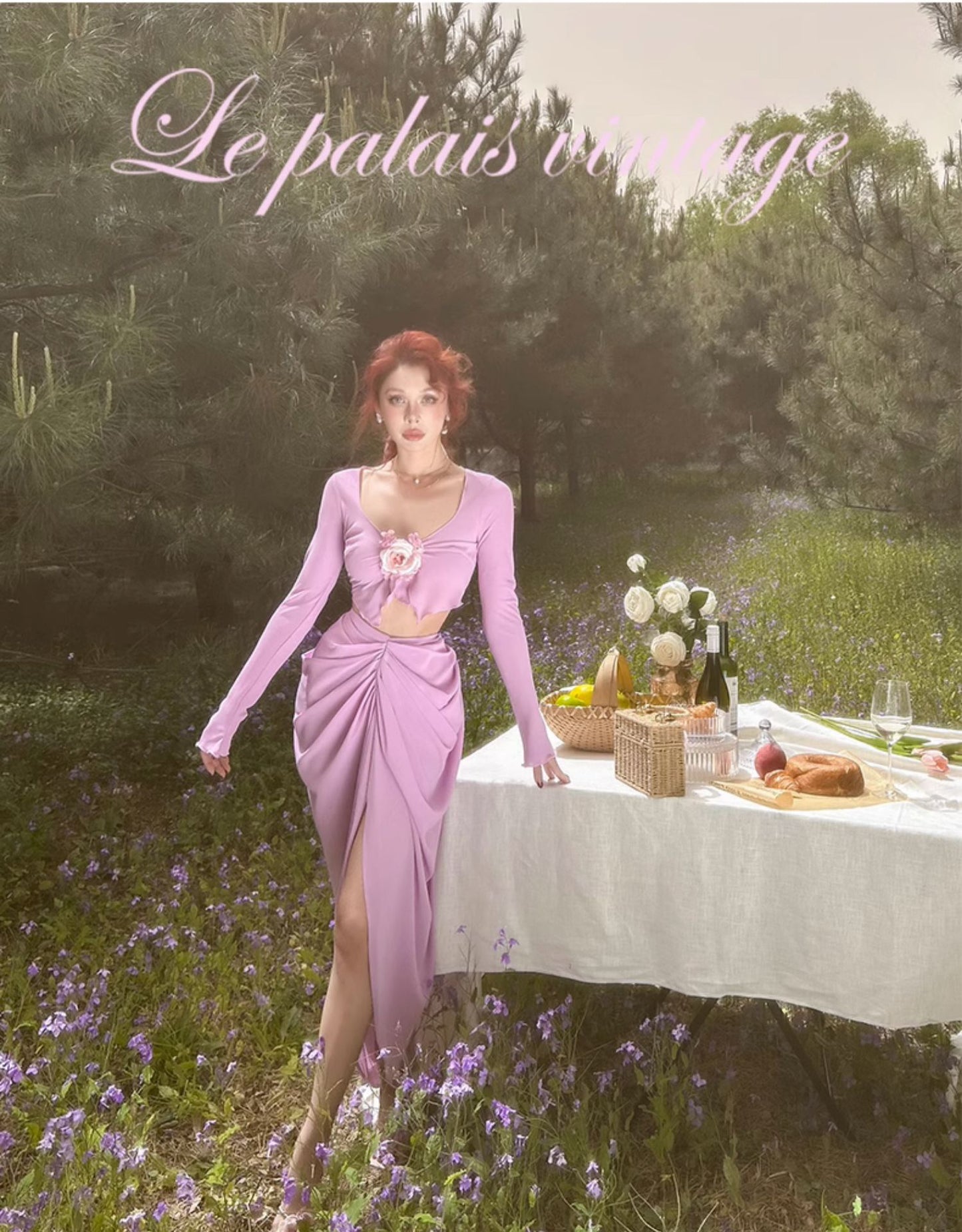 Le Palais Vintage French purple-pink corsage draped pleated skirt - Trudie