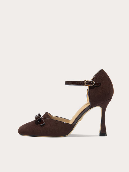 Lily Wei brown vintage bow heel heel sandals square toe heel comfort- ARIA