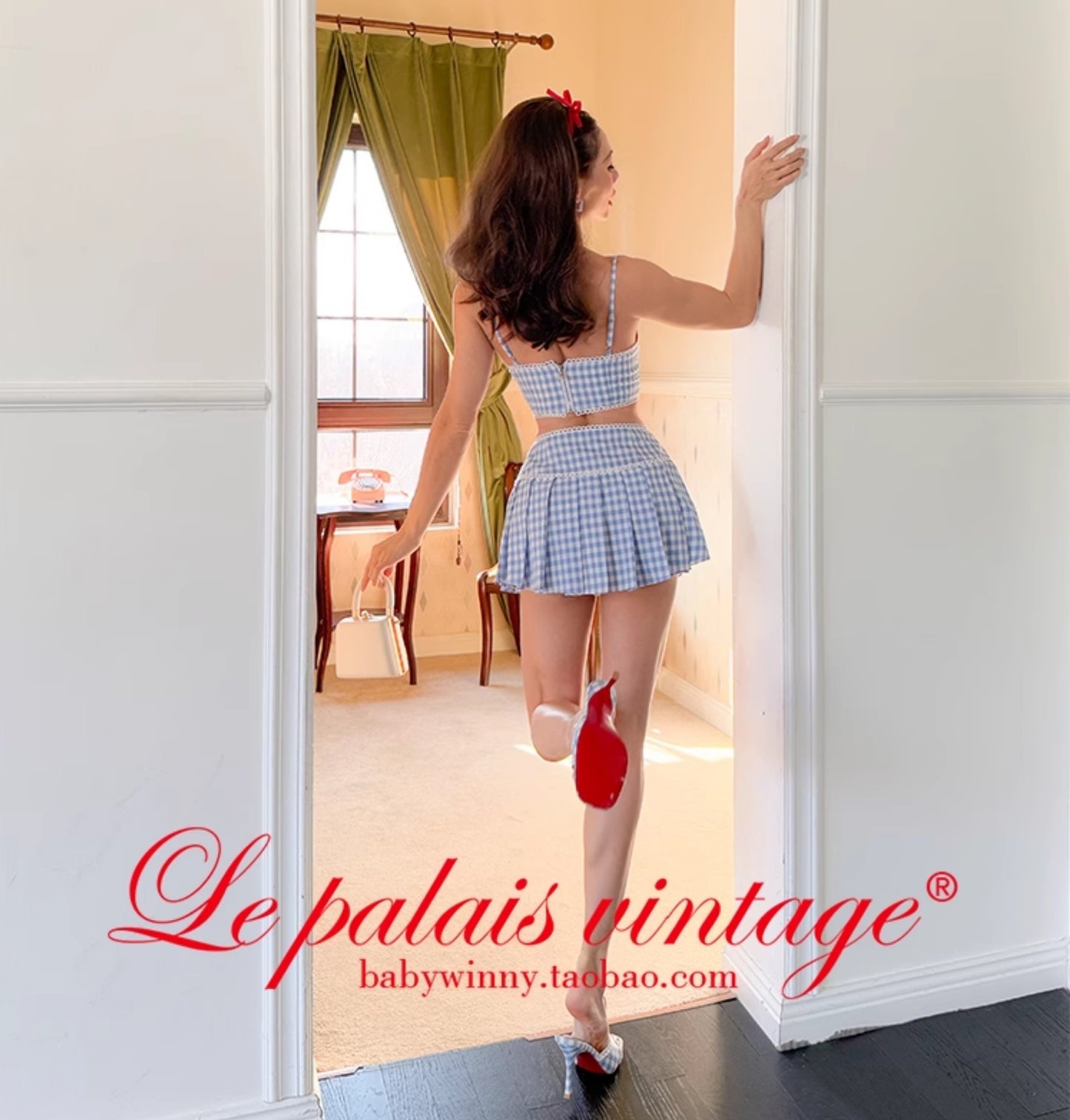 Le Palais Vintage  blue plaid kitten print short suspender pleated skirt-FASH.