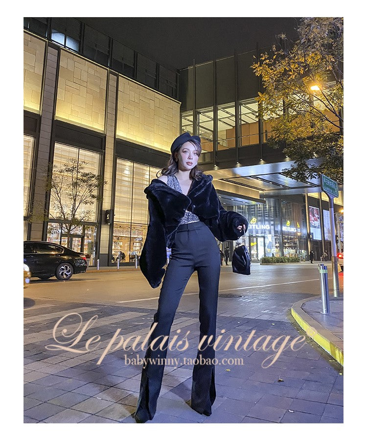 Le Palais Vintage Black Long Sleeves Short Faux Fur Coat and Dinner Skirt Suit-Selena.