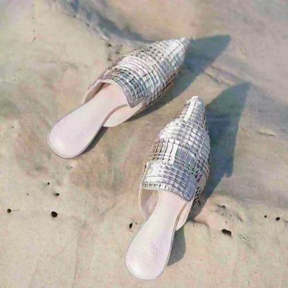 B-FEI Woven fabric pointed toe flat mules- POMI.