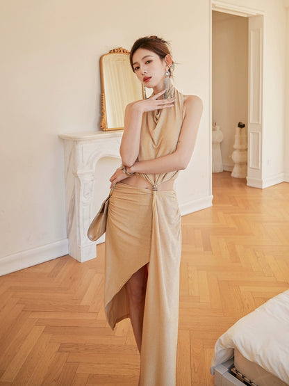 DOLLY High End Nude Swing Neck Sleeveless Waist Baring Irregular Hem Cocktail-LYLA