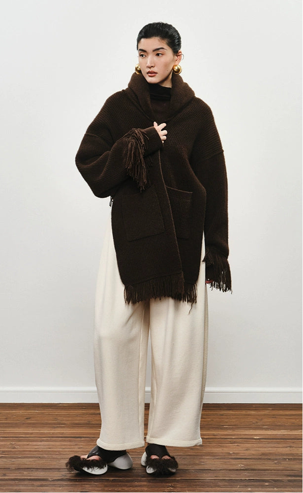 ZHUCHONGYUN  Fringe Loose Drop Shoulder Pit Strip Knitted Jacket--YAKI.