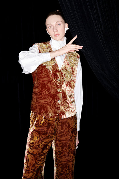 M essential Mackay designer Indian silk embroidery gilet vest pant suit - yaiu.