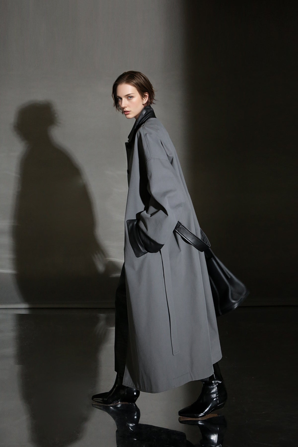 PIAOIN sheepskin stitched collar design sense trench coat women's unisex style-DEX