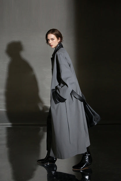 PIAOIN sheepskin stitched collar design sense trench coat women's unisex style-DEX