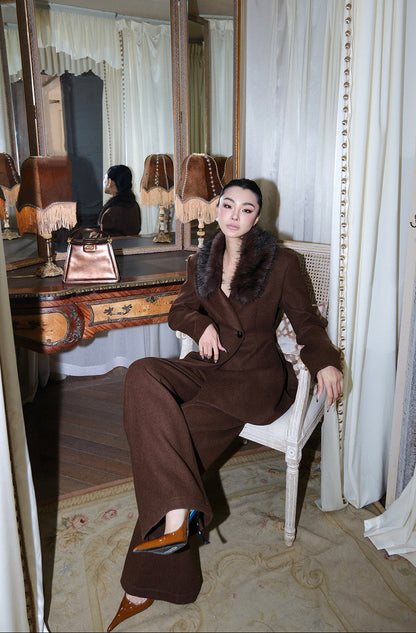 MEI SANGUAN Coffee Velvet Blazer & Slacks Set - ELENA
