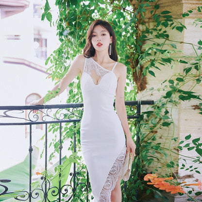 DOLLY White Sleeveless Off Shoulder Splice Lace Dress-DANICA