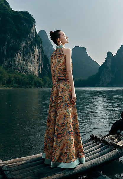 HECO Chinese Contrast Mural Big Swing Fishtail Skirt - MIGRO.