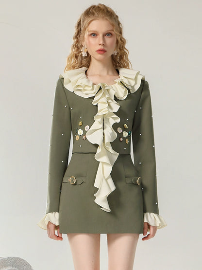 CHECOCRE Elegant Romantic Casual Ruffle Design Olive Green Mini Skirt Suit Set  - DANIEL