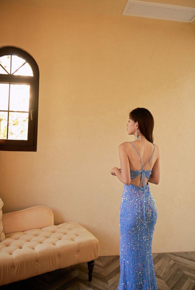 DOLLY Luxury Blue Deep V-Neck Sleeveless Long Fish Tail Sequin Cocktail Dress-AROURA