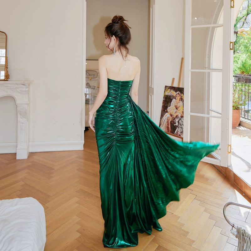 DOLLY High End Green Off Shoulder Chest Wrap Irregular Fish Tail Dress-LEAH