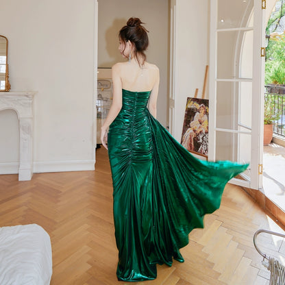 DOLLY High End Green Off Shoulder Chest Wrap Irregular Fish Tail Dress-LEAH