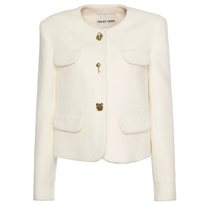 YES BY YESIR autumn winter simple beige short wool coat jacket blazer - yioi