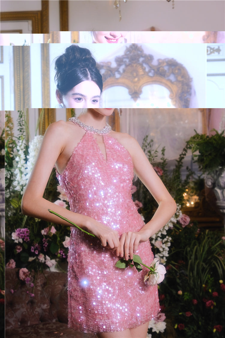 Wardrobes by Chen Luxury Sleeveless halter Sequin Short cocktail Dress- Limmi