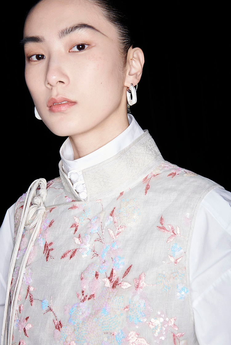 M essential Mackay designer beaded pavé embroidered linen vest - ELONIA.