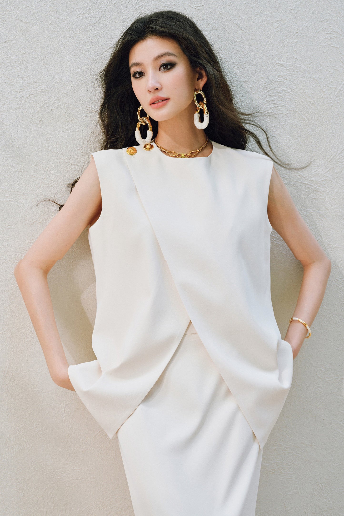 WANGXO Elegant Commuter-Style Diagonal Placket with Loose Pleated Slit Vest & Skirt Suit Set -NALA