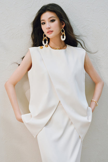 WANGXO | Imported Twisted Drape Fabric Elegant Commuter-Style Diagonal Placket with Loose Pleated Slit Vest & Skirt Suit Set -NALA