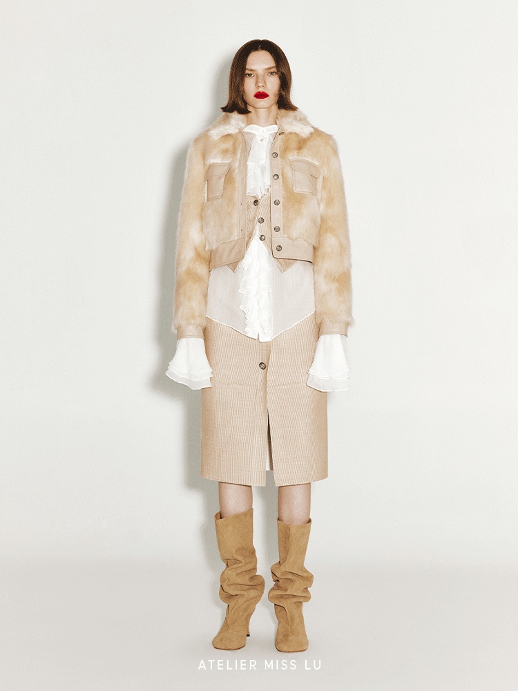 ATELIER MISS LU Vintage Pocket Stitching Faux Fur Short Jacket - BLOOM.