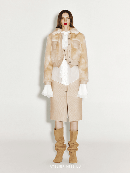 ATELIER MISS LU Vintage Pocket Stitching Faux Fur Short Jacket - BLOOM.