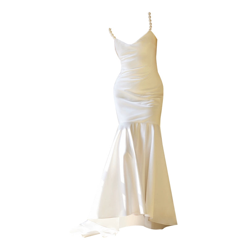 GOUDIN White Satin Engagement Evening Dress-IILONA.