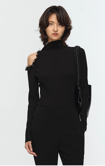 COMME MOI Lu Yan designer's new women's off-the-shoulder stud bead slim wool knitwear - TIRED.