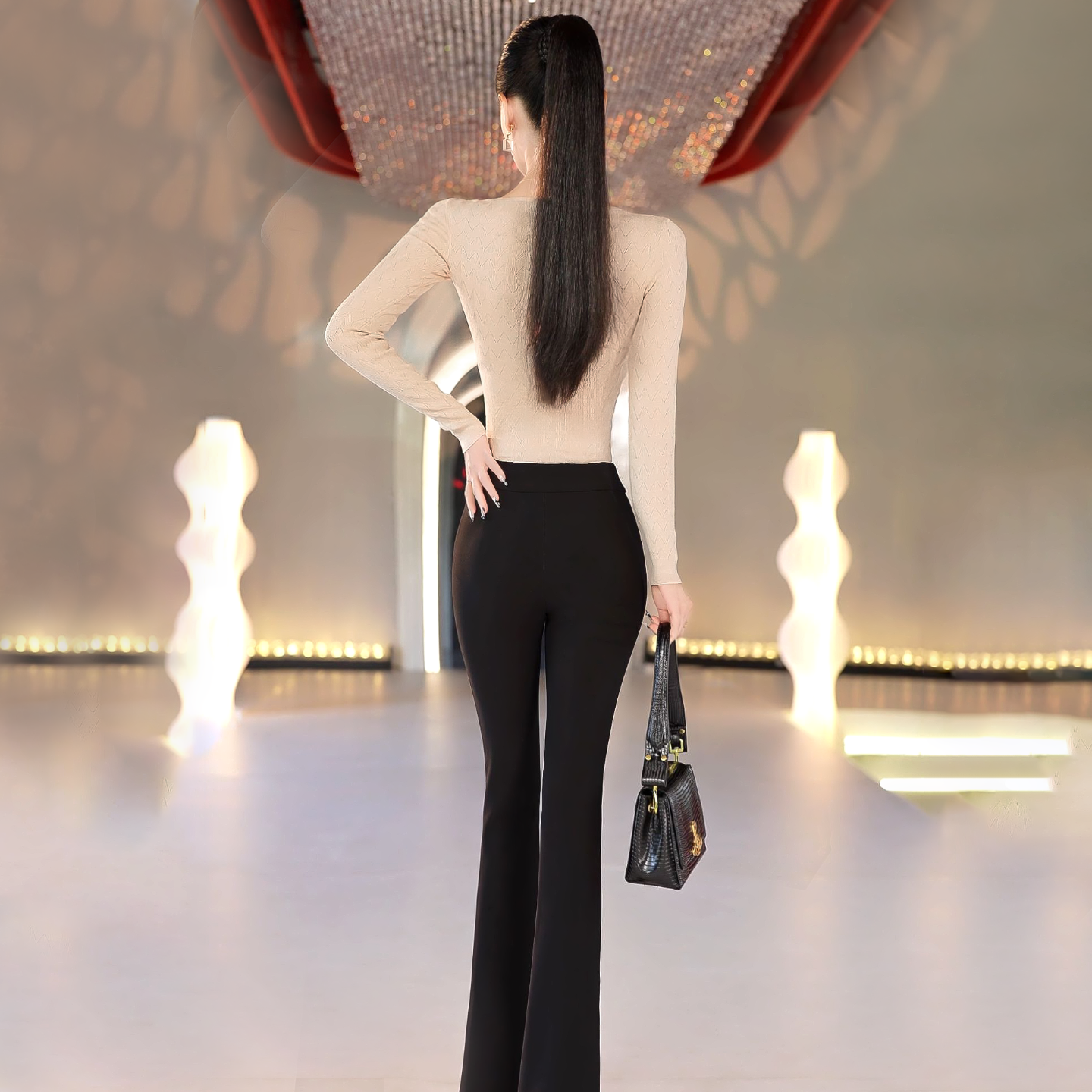 VJE  Crew Neck Chic Crochet Slim Bottom Long Sleeve Top - DIDI.