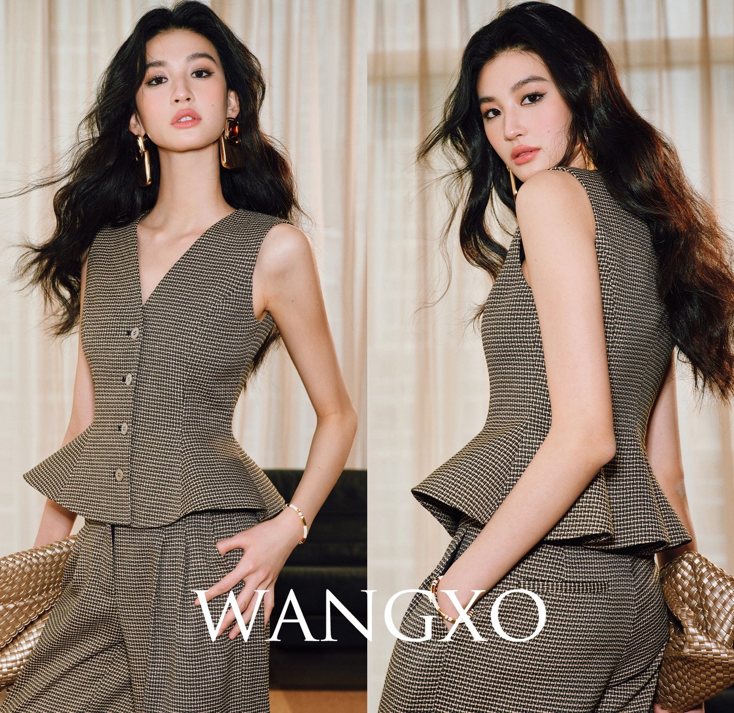 WANGXO | V-Neck Waist Ruffle Swing Sleeveless Vest Suit-ZORA.
