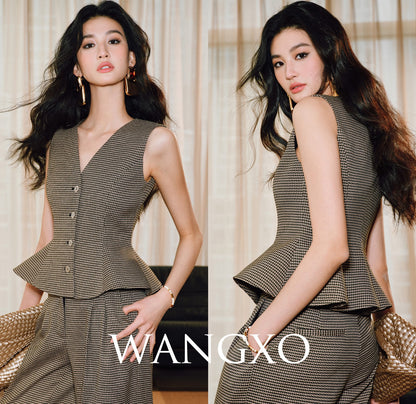 WANGXO | V-Neck Waist Ruffle Swing Sleeveless Vest Suit-ZORA.
