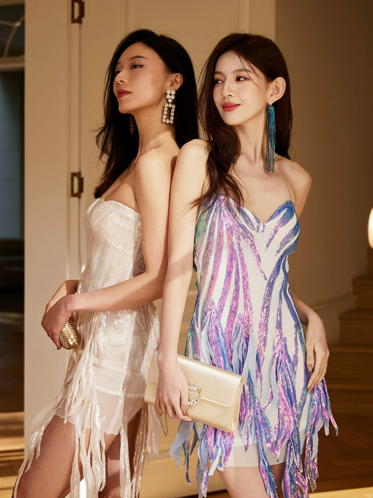 DOLLY Elegant Chest Wrap Sleeveless Off Shoulder Slim Fit Short Tassel Party Dress-SONA