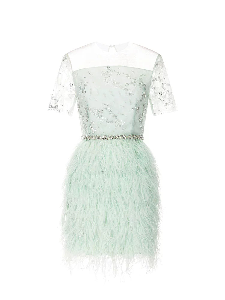 Wardrobes by Chen Luxury Mint Square Neck Lace Short Sleeve Cocktail Dress-Saint