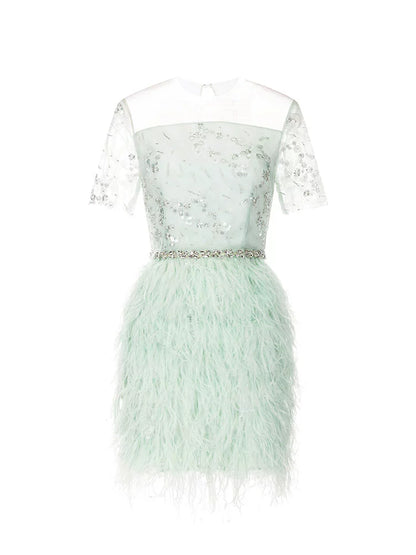 Wardrobes by Chen Luxury Mint Square Neck Lace Short Sleeve Cocktail Dress-Saint