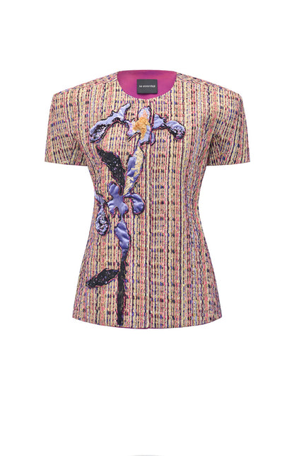 M essential Ma Kai designer kneaded gold coarse spinning iris stacked embroidery slim top - LIVING.