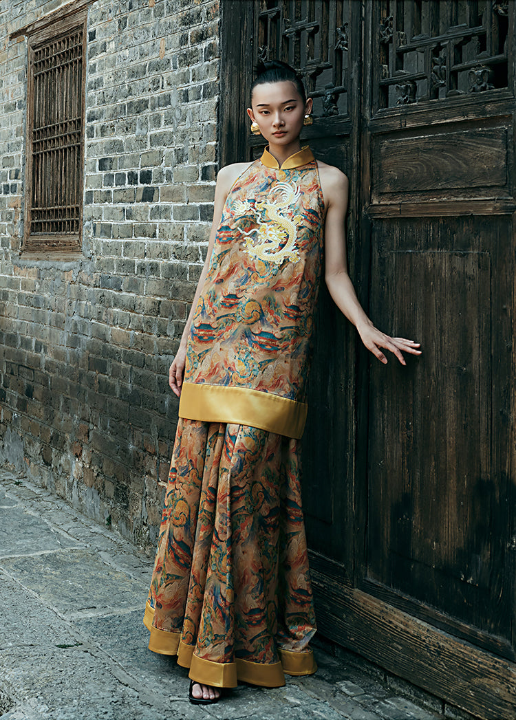 HECO Chinese Stand Collar Color-Blocked Golden Dragon Embroidery Dress - ZIPH