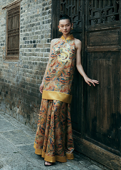 HECO Chinese Stand Collar Color-Blocked Golden Dragon Embroidery Dress - ZIPH