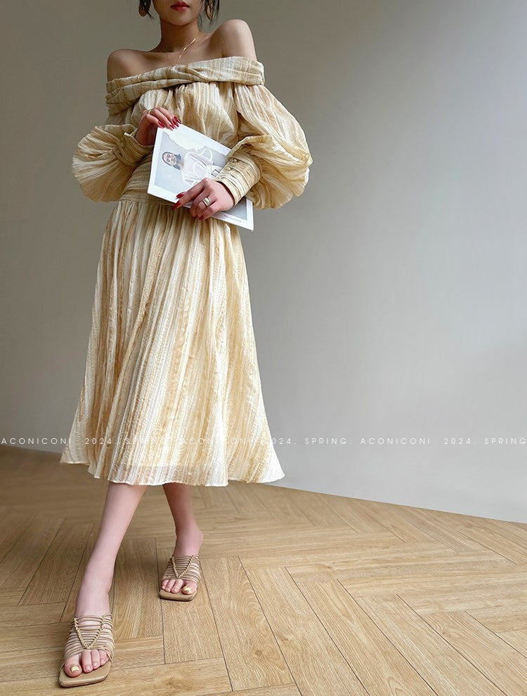 Aconiconi Elegant Wave Pattern Long Sleeve Loose Wedding Guest Dress- Dune