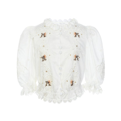 FAME rococo embroidered beaded short-sleeved temperament top - LIAM