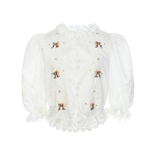 FAME rococo embroidered beaded short-sleeved temperament top - LIAM