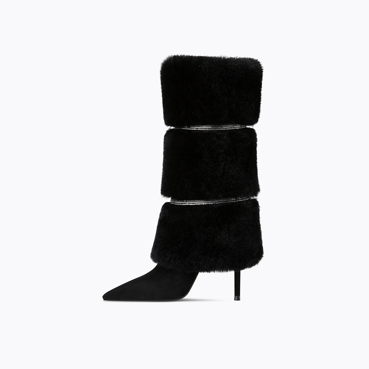 Fabfei Fall/Winter pointed toe black high heel sexy stiletto mid-length boots fur boot - Marai