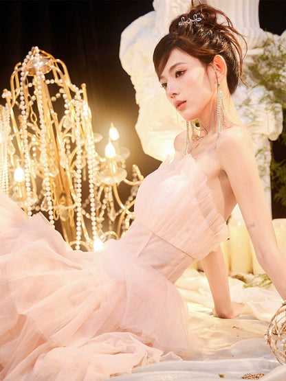 DOLLY Luxury Peach Pink French Style Tube Top Sleeveless High Waist Prom Dress-PEACHES